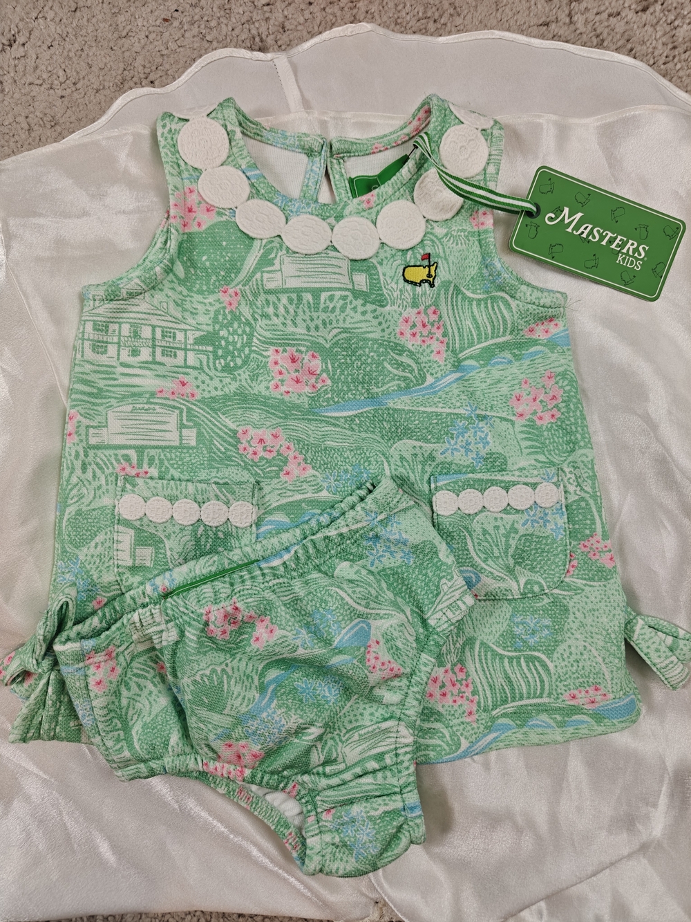 Masters Kids Augusta Green Toile Eyelet Dress Bloomers Set NWT 3-6M Golf Classic